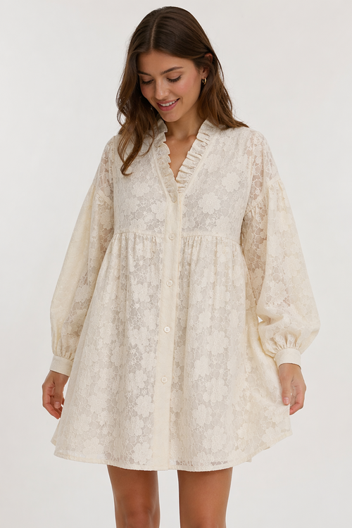 Fia Floral Embroidery Dress – Cream