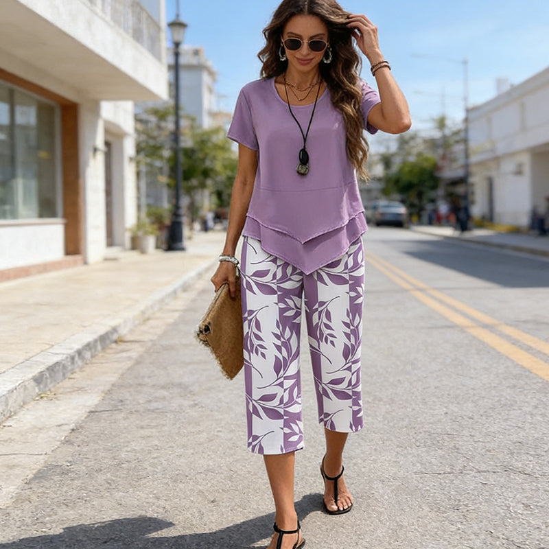 2-Piece Set – Layered Asymmetrical Tunic Top & Printed Wide Leg Pants,