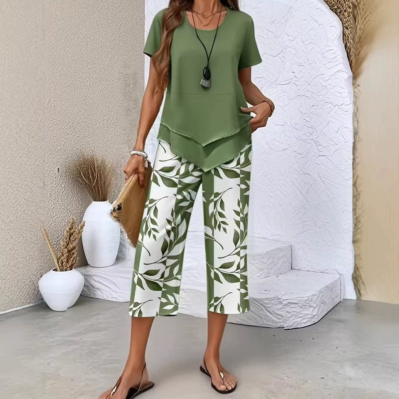 2-Piece Set – Layered Asymmetrical Tunic Top & Printed Wide Leg Pants,