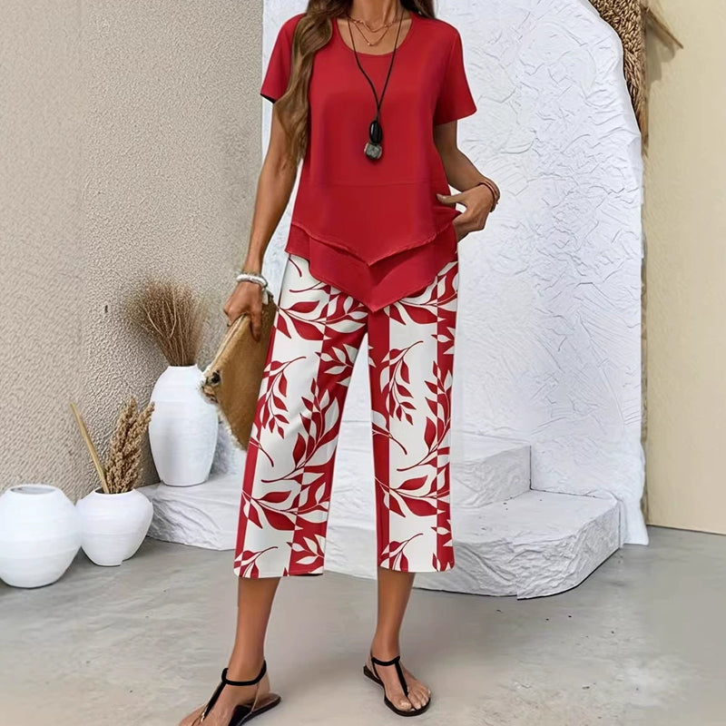 2-Piece Set – Layered Asymmetrical Tunic Top & Printed Wide Leg Pants,