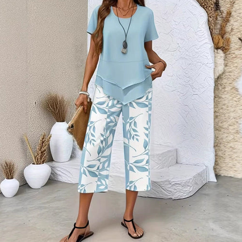2-Piece Set – Layered Asymmetrical Tunic Top & Printed Wide Leg Pants,