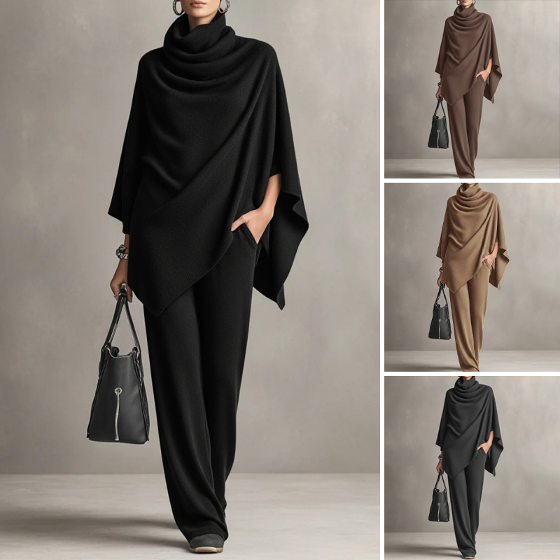 Elevated Comfort | Women's Cowl-Neck Cape & Wide-Leg Pants 2-Piece Set