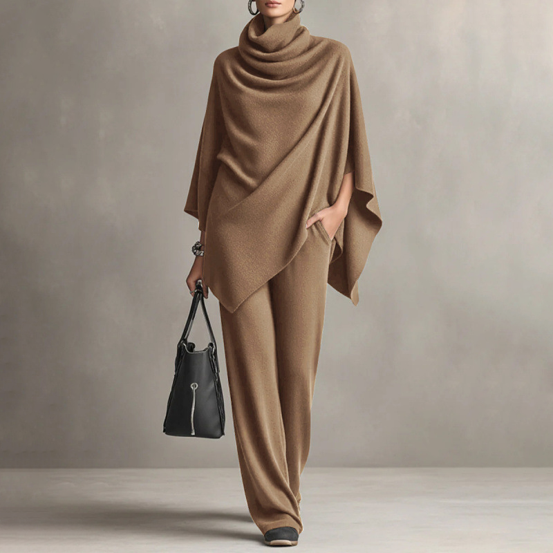 Elevated Comfort | Women's Cowl-Neck Cape & Wide-Leg Pants 2-Piece Set