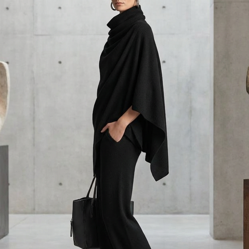 Elevated Comfort | Women's Cowl-Neck Cape & Wide-Leg Pants 2-Piece Set